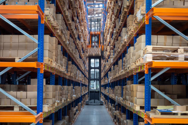 big warehouse. products on the shelves located in a large area.